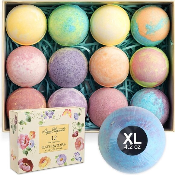 Flower Bath Bombs Gift Set - 12 Large Natural Bathbombs for Women with Scented E